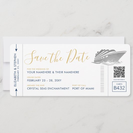 Save The Date Billet Mariage de croisière Silver Boarding Pass (Devant)