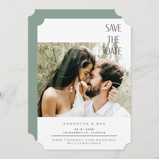 Save The Date Billet simple Sage Photo Couple Enregistrer la dat (Devant / Derrière)
