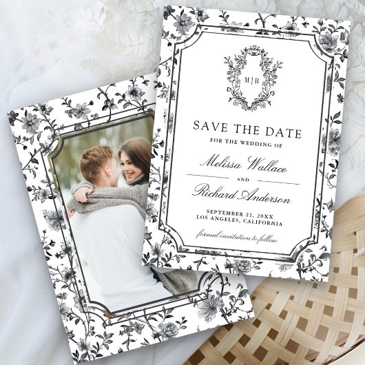 Save The Date Black and White Chinoiserie Crest Photo Wedding