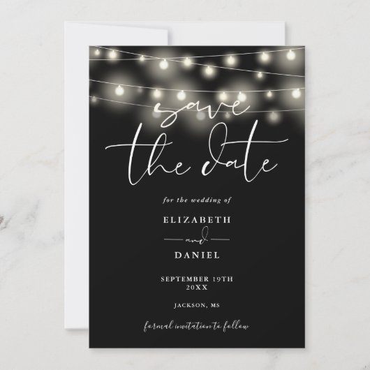 Save The Date Black And White String Lights QR Code Wedding (Devant)