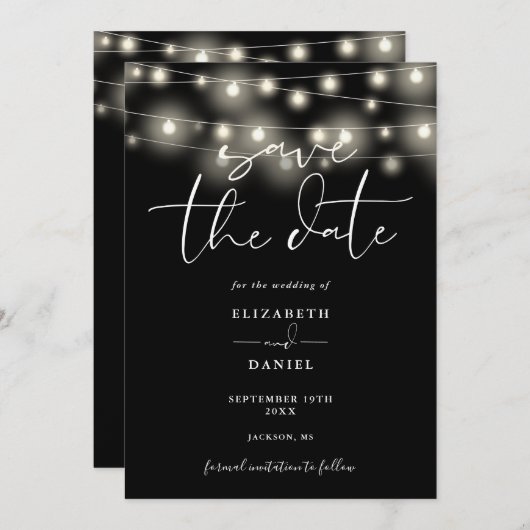 Save The Date Black And White String Lights QR Code Wedding (Devant / Derrière)