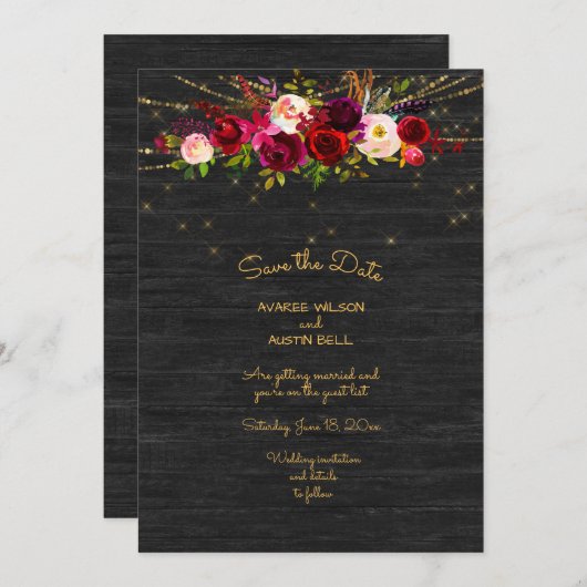 Save The Date Black Barboard String Lights Roses bordeaux (Devant / Derrière)