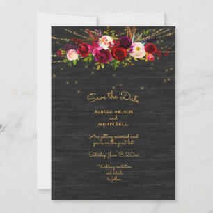 Save The Date Black Barboard String Lights Roses bordeaux