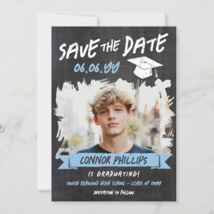 Save The Date Black Blue Cool Chalk Photo Graduation
