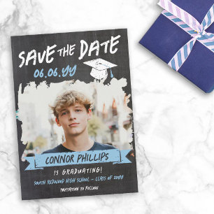 Save The Date Black Blue Cool Chalk Photo Graduation