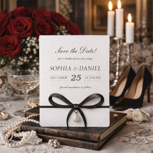 Save The Date Black Bow With Pearl Old Money Style Bridal Shower