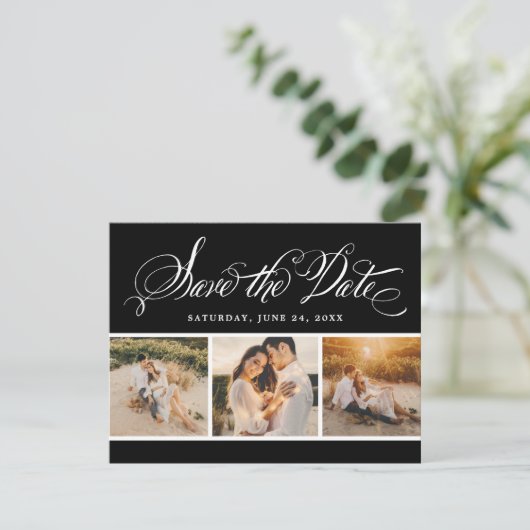 Save The Date Black Calligraphy Script Mariage Photo Collage (Debout devant)