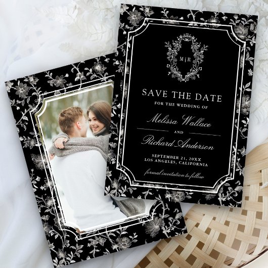 Save The Date Black Chinoiserie Crest Photo Wedding