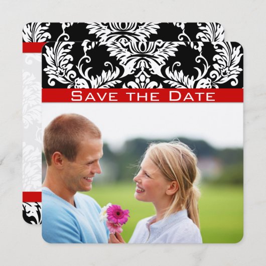 Save The Date Black Damask Red Trim Enregistrer la date (Devant / Derrière)