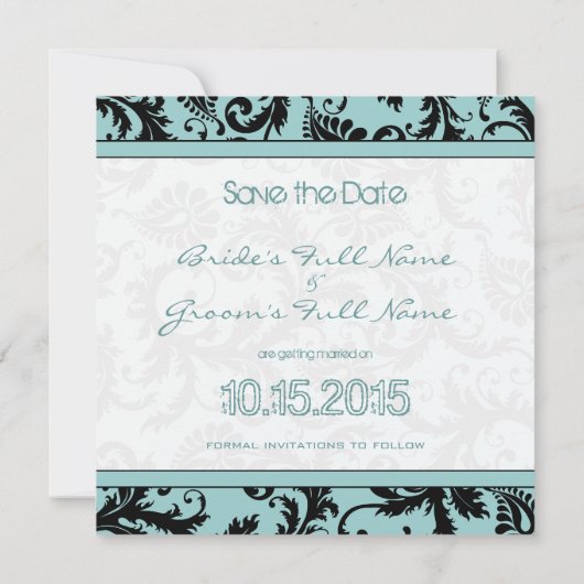 Save The Date Black Damask sur Aqua Wedding Enregistrer la date (Dos)