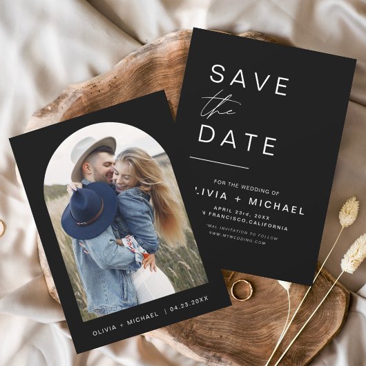 Save The Date Black Elegant Enregistrer la date Photo Minimalist