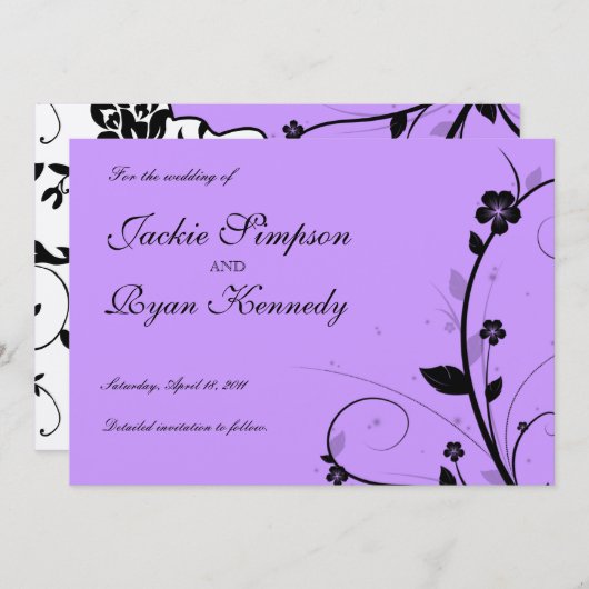 Save The Date Black Enregistrer l'Invitation de date Floral Purp (Devant / Derrière)