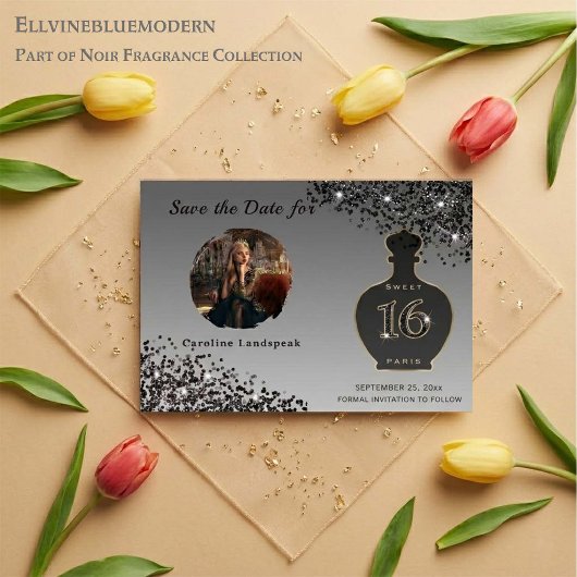 Save The Date Black Glitter Paris Studio de Parfum Sweet 16