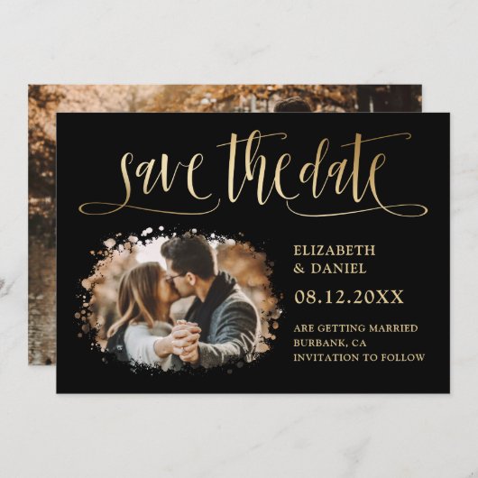 Save The Date Black Gold Calligraphy Mariage 2 Splatter Photo (Devant / Derrière)