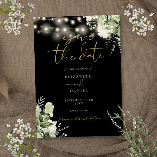 Save The Date Black Gold Floral Mariage à cordes