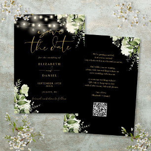 Save The Date Black Gold Floral String Lights QR Code Mariage