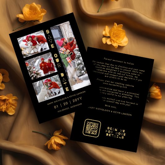 Save The Date Black & Gold Sophisticated 4 Multi-Photos Collage