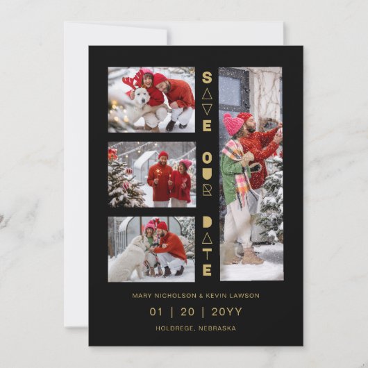 Save The Date Black & Gold Sophisticated 4 Multi-Photos Collage (Devant)
