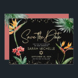 Save The Date Black Gold Tropical Bat mitzvah Floral Palm Modern<br><div class="desc">Assurez-vous que tous vos amis et parents pourront célébrer le Bat mitzvah de votre fille! Envoyez cette carte de faire-part chic et personnalisée "Save the Date". Des oiseaux d'aquarelle tropicaux, colorés et étonnants, des fleurs de paradis, un faux script manuscrit en or, l'étoile de David et des points de parties...</div>
