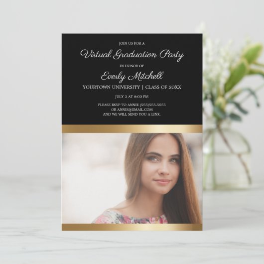 Save The Date Black Gold White Stripe Virtual Graduation Party (Debout devant)