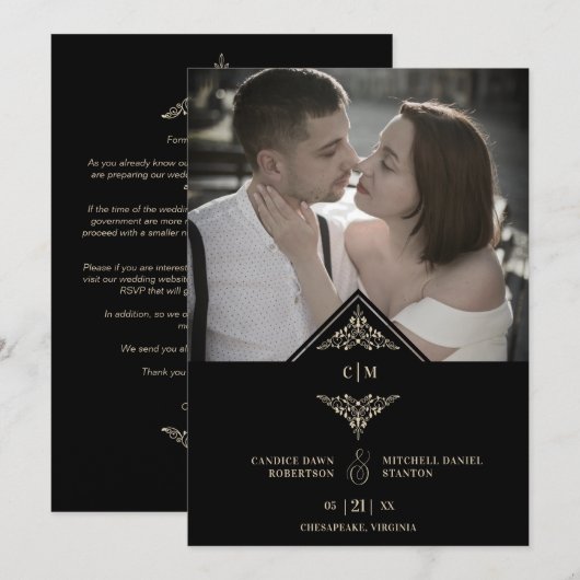 Save The Date Black Golden Chic Lace Romantic Couple Wedding (Devant / Derrière)