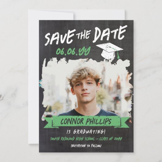 Save The Date Black Green Cool Chalk Photo Graduation (Devant)