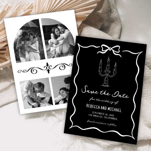 Save The Date Black Hand Drawn White Bow Photo Wedding