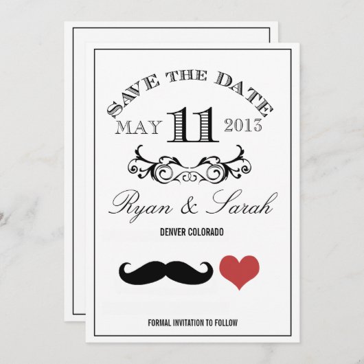 Save The Date Black Mustache JOUR de mariage 11 Enregistrer la d (Devant / Derrière)