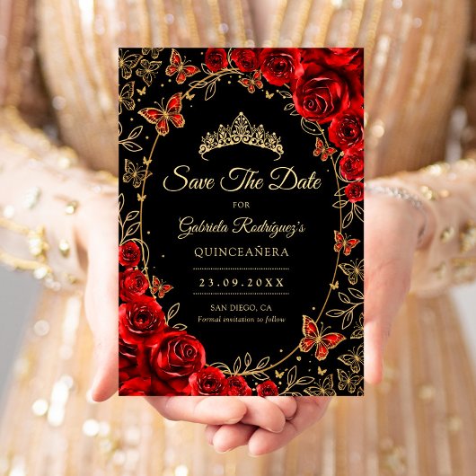 Save The Date Black Red Gold Quinceanera