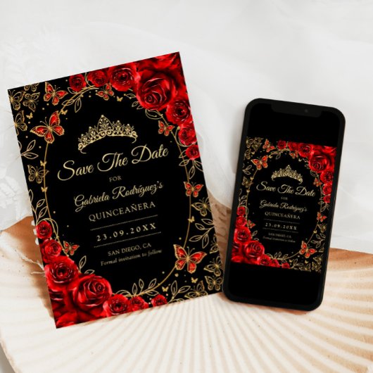 Save The Date Black Red Gold Quinceanera