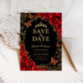 Save The Date Black Red Gold Quinceanera Floral