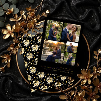 Save The Date Black Refined Minimalist 5-Photo Collage Wedding 