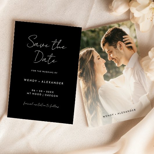 Save The Date Black Simple Modern Script Photo Enregistrer La Da