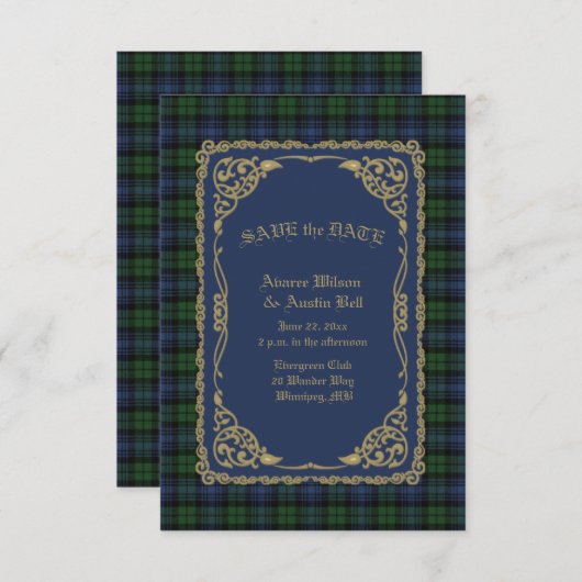 Save The Date Black Watch Tartan Ancien Avec Cadre Or (Devant / Derrière)