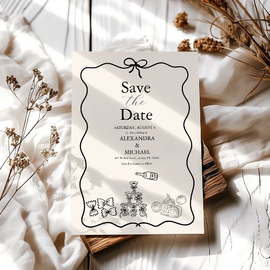Save The Date Black Wavy Whimsical Italien Mariage de doodle