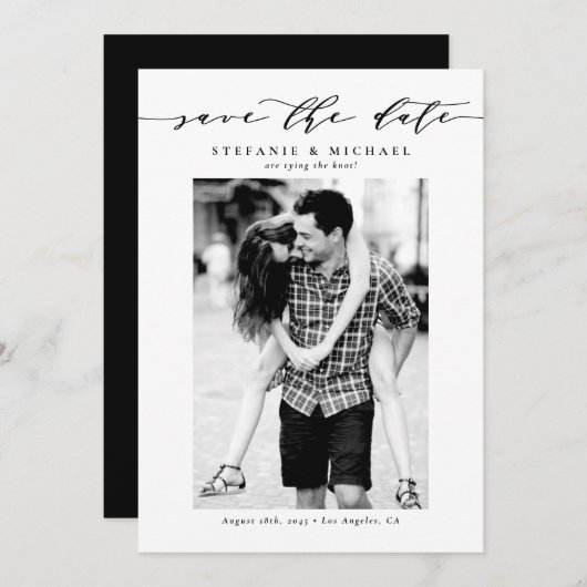 Save The Date Black Whimsical Script Photo (Devant / Derrière)
