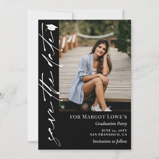 Save The Date Black White Calligraphy Graduation (Devant)