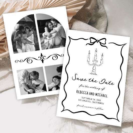 Save The Date Black & White Hand Drawn Bow Photo Wedding