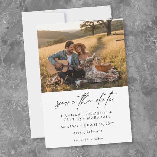 Save The Date Black White Modern Minimalist Two Photo Wedding