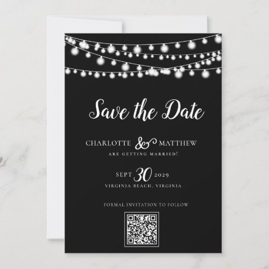 Save The Date Black White String Lights Script moderne Enregistr (Devant)