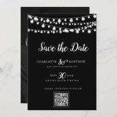 Save The Date Black White String Lights Script moderne Enregistr (Devant / Derrière)
