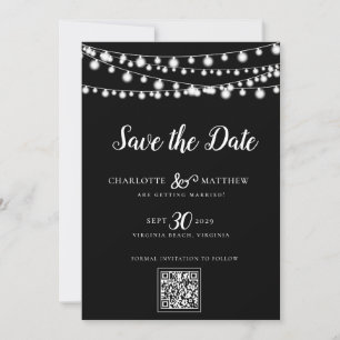 Save The Date Black White String Lights Script moderne Enregistr