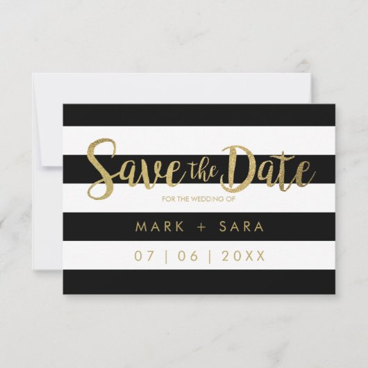 Save The Date Black & White Stripes Gold Foil Enregistrer la dat (Devant)