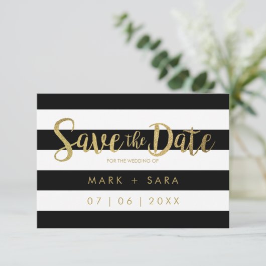 Save The Date Black & White Stripes Gold Foil Enregistrer la dat (Debout devant)