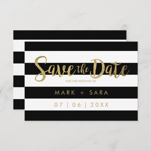 Save The Date Black & White Stripes Gold Foil Enregistrer la dat (Devant / Derrière)