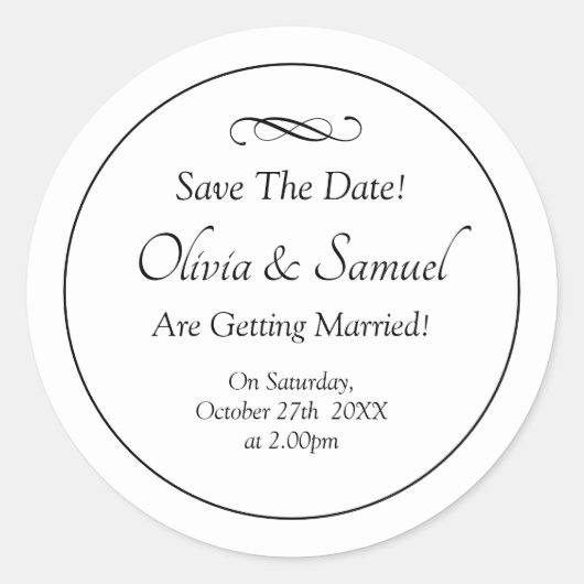 Save The Date - Black & White with Infinity Scroll Ronde Sticker (Voorkant)