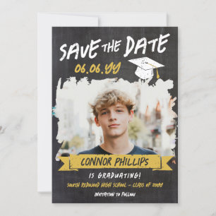 Save The Date Black Yellow Cool Chalk Photo Graduation