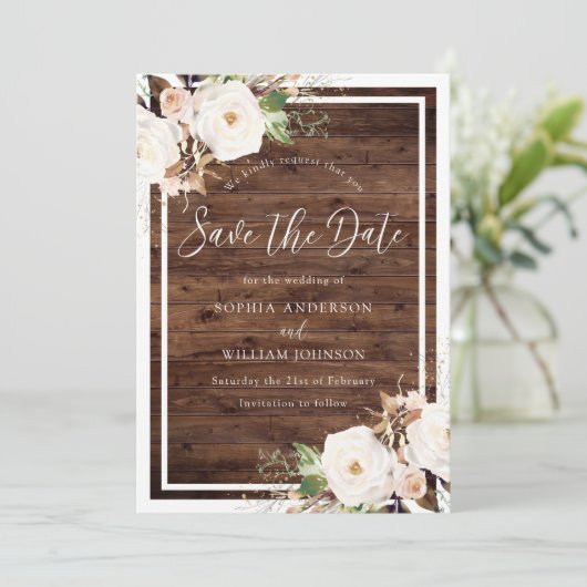 Save The Date Blanc & Blush Floral Rustic Winter Spring Wedding (Debout devant)