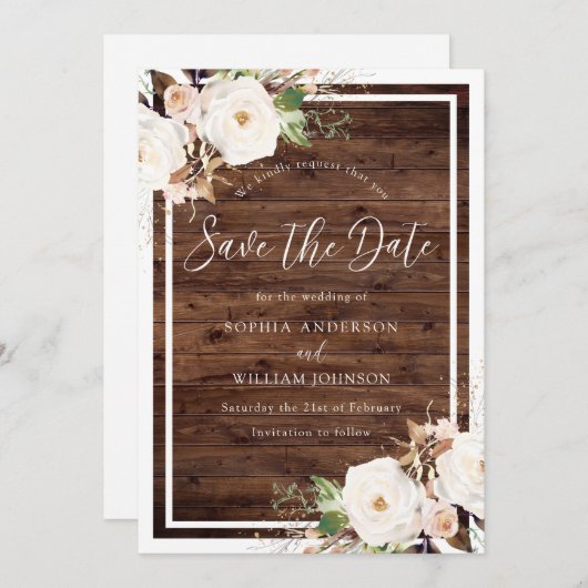 Save The Date Blanc & Blush Floral Rustic Winter Spring Wedding (Devant / Derrière)
