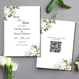 Save The Date Blanc Floral Magnolias Greenery Code QR Mariage